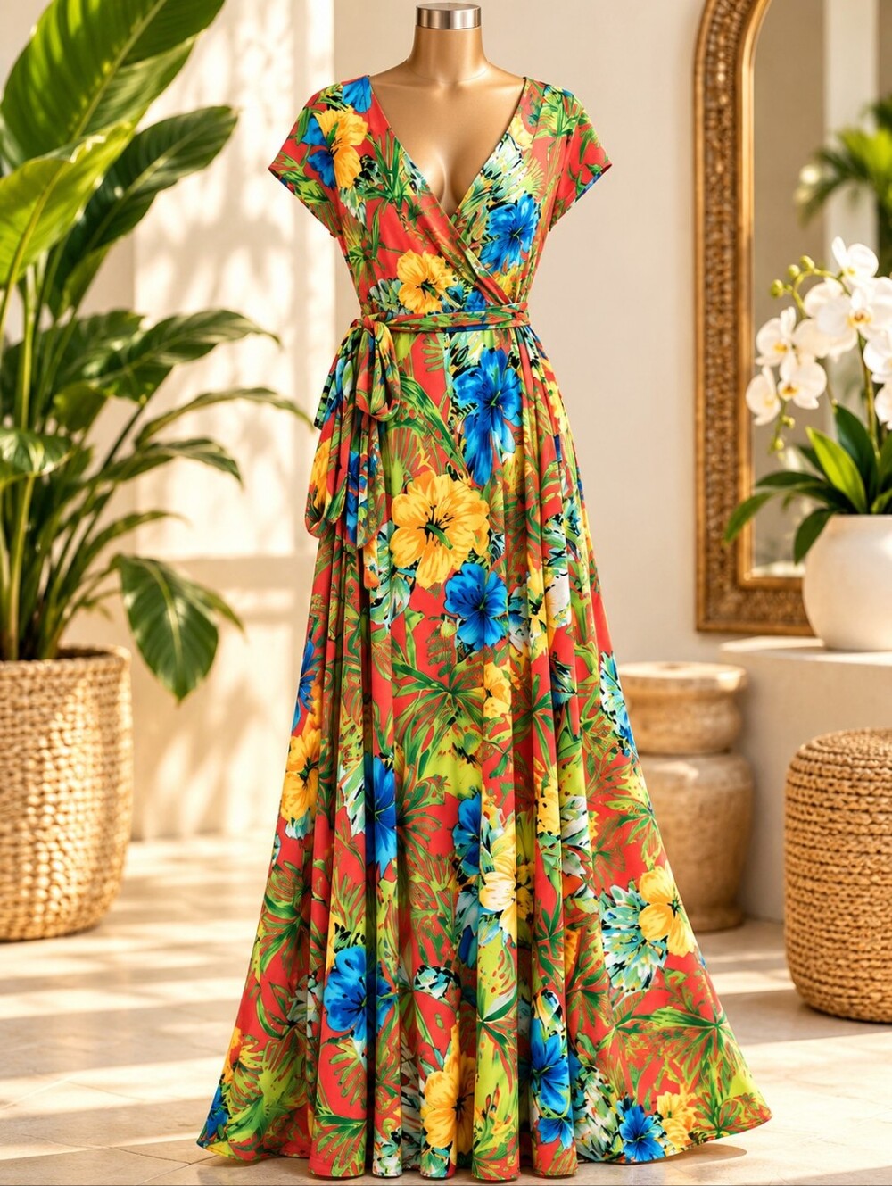 Janette Fashion Large Tropical Floral Wrap Maxi Dress Tie Waist Resort Vacation